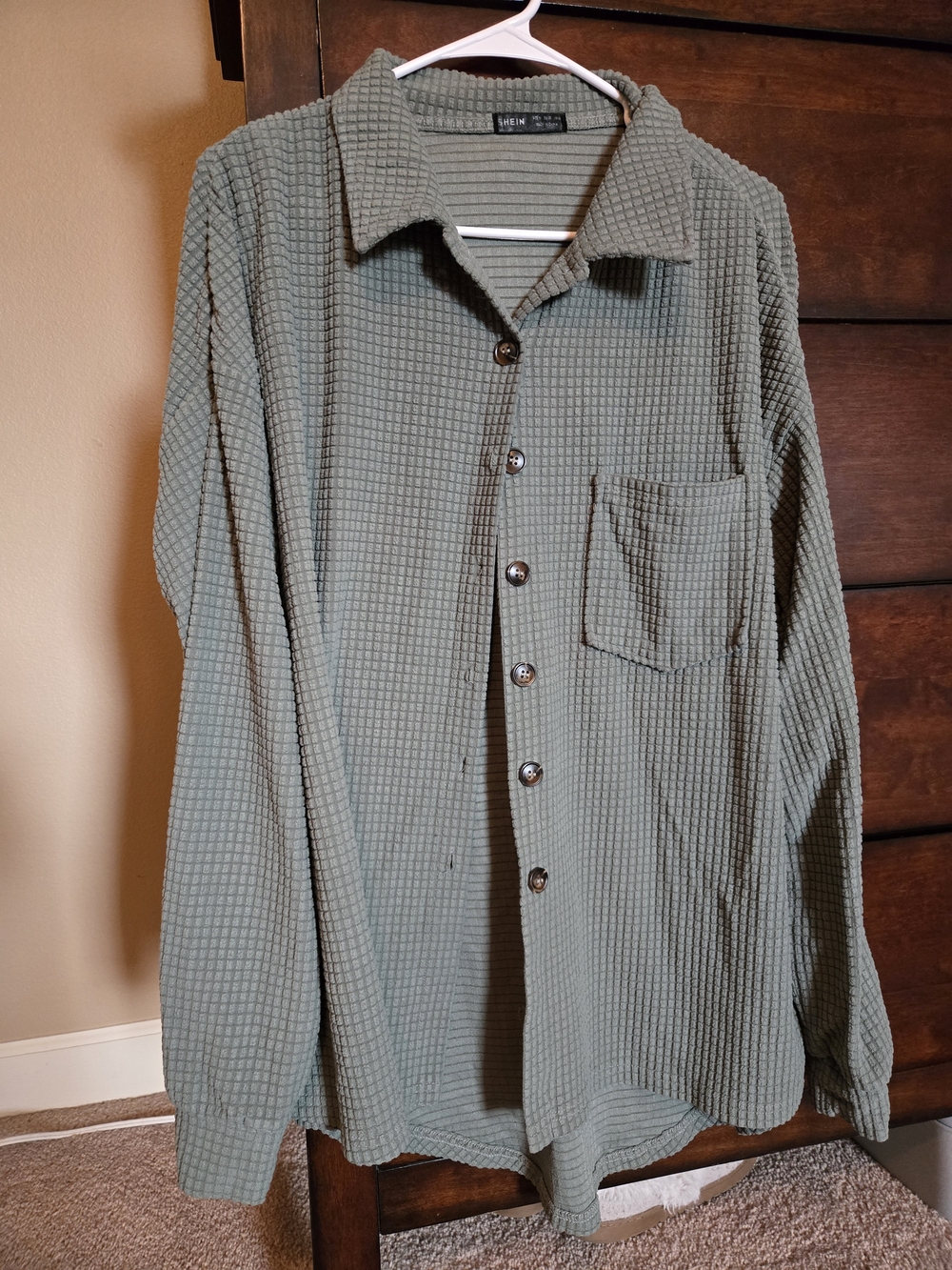 SHEIN Olive Green Waffle Button-Down Shirt